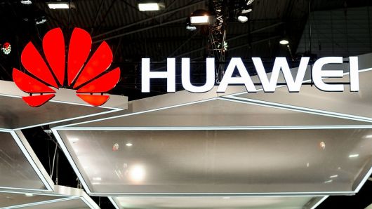 Huawei logo during the Mobile World Congress day 4, on March 1, 2018 in Barcelona, Spain.