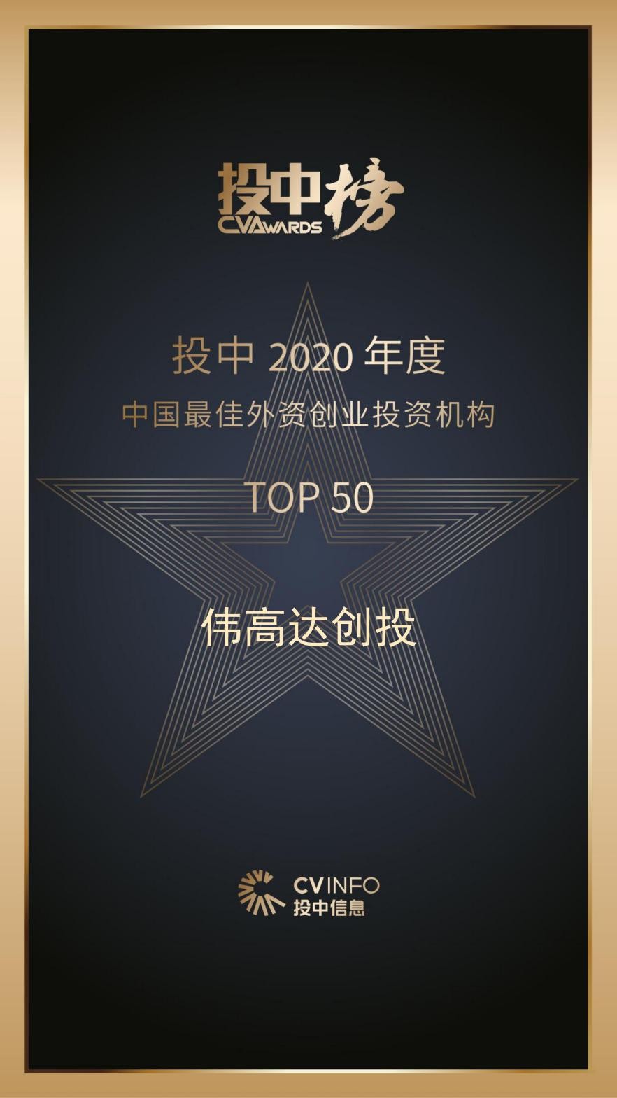 伟高达创投荣膺「投中2020年度中国最佳外资创业投资机构TOP50」