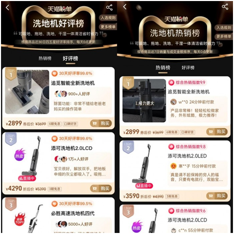 追觅H12频受认可，登顶天猫榜单洗地机“热销榜”和“好评榜”