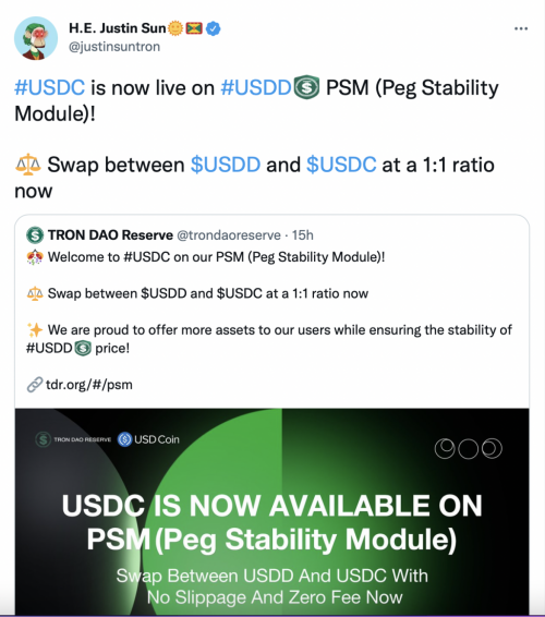 USDD稳定币兑换工具PSM新增支持USDC