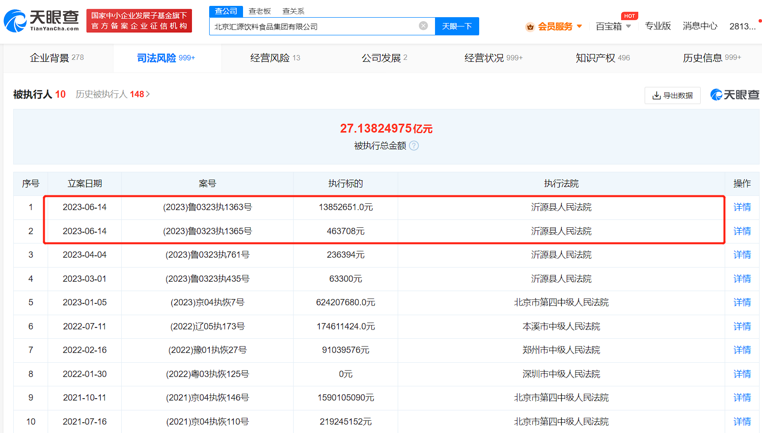 北京汇源公司被强执1431万