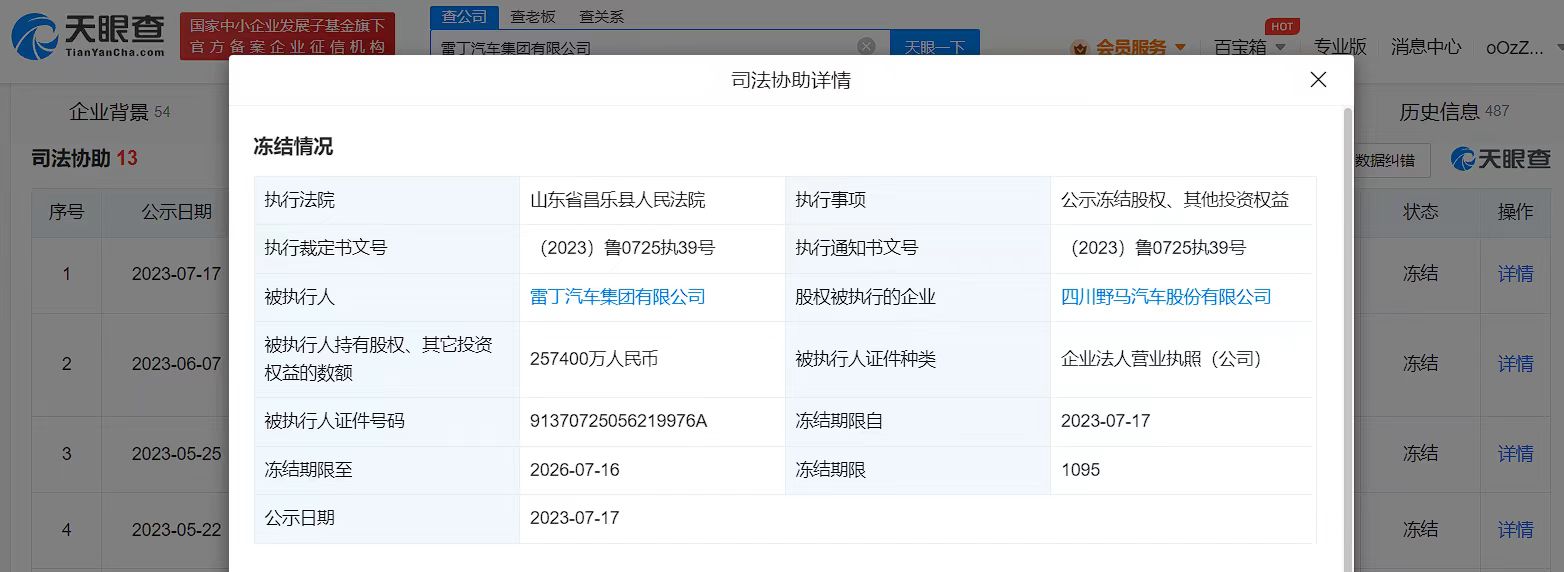 雷丁汽车所持25亿股权被冻结