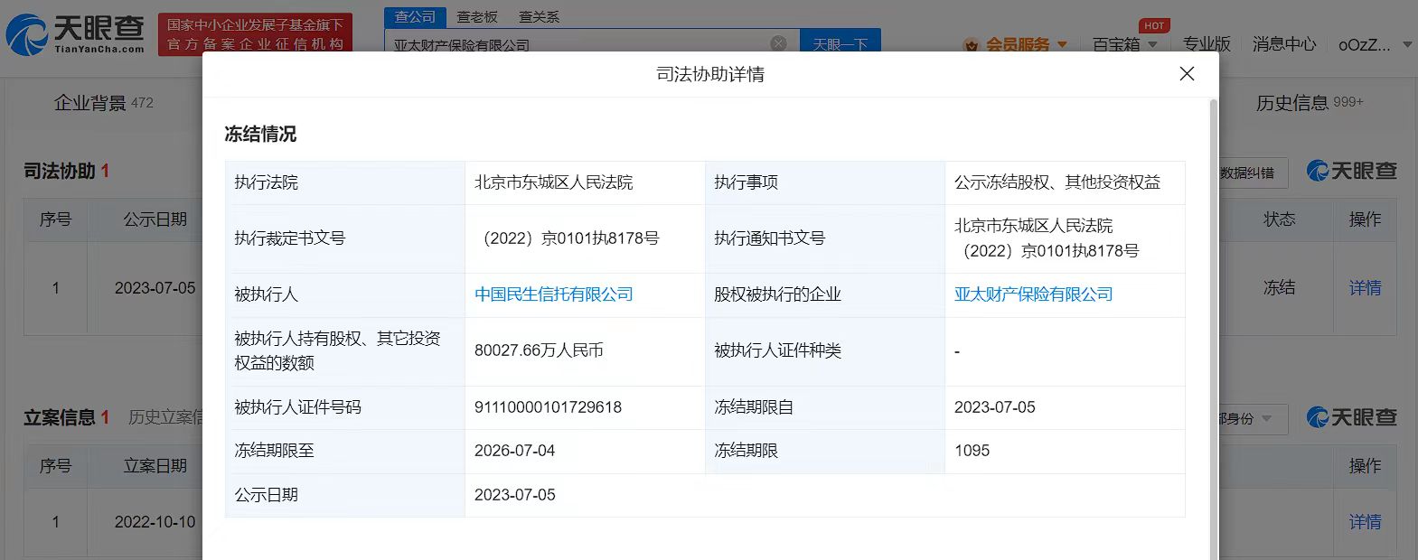 民生信托持亚太财险8亿股权被冻结