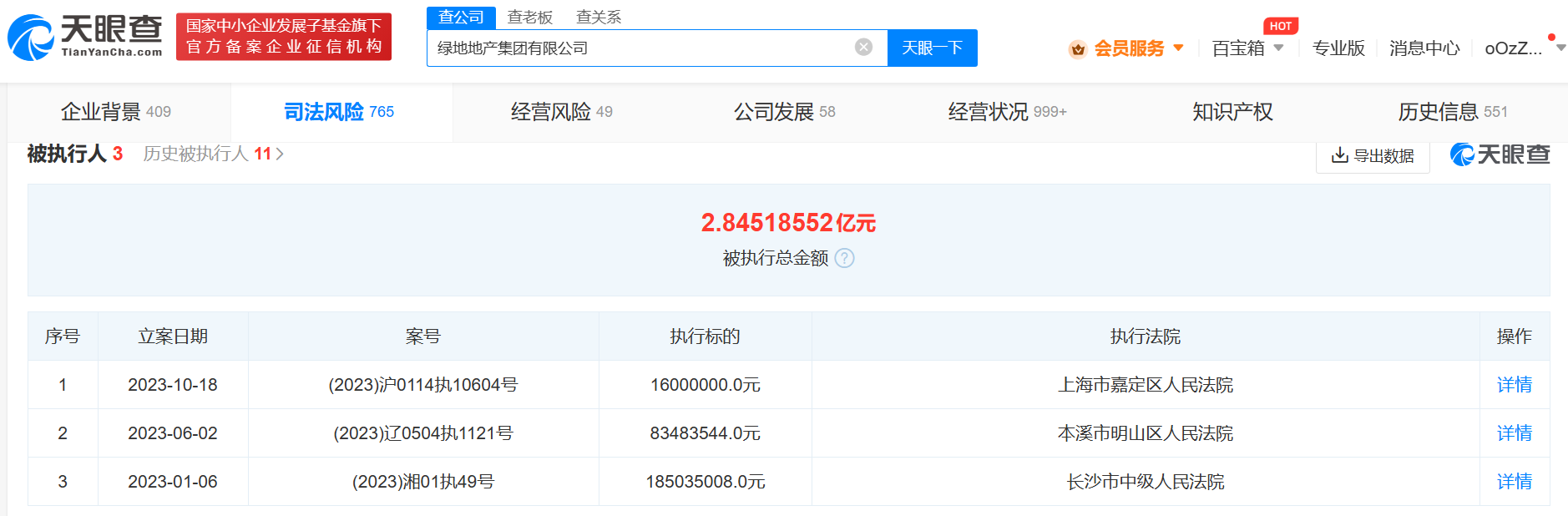 绿地公司被强制执行1600万