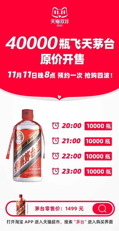 定好闹钟！天猫双11放量40000瓶飞天茅台，11日晚8点原价开售