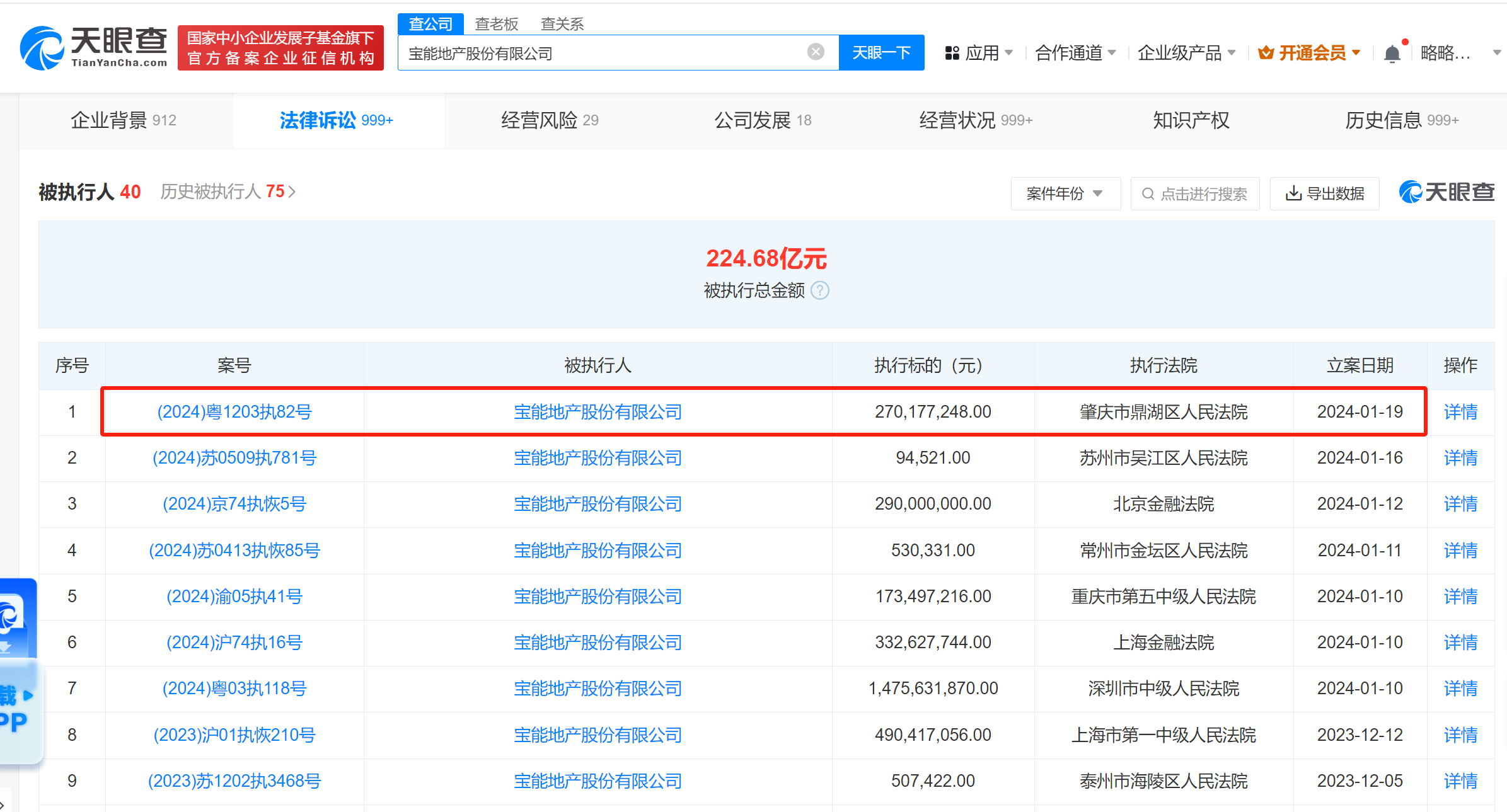 宝能地产被强制执行2.7亿