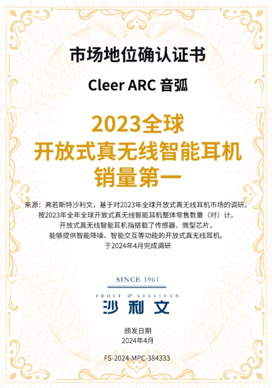Cleer获沙利文权威认证，2023开放式真无线智能耳机销量第一