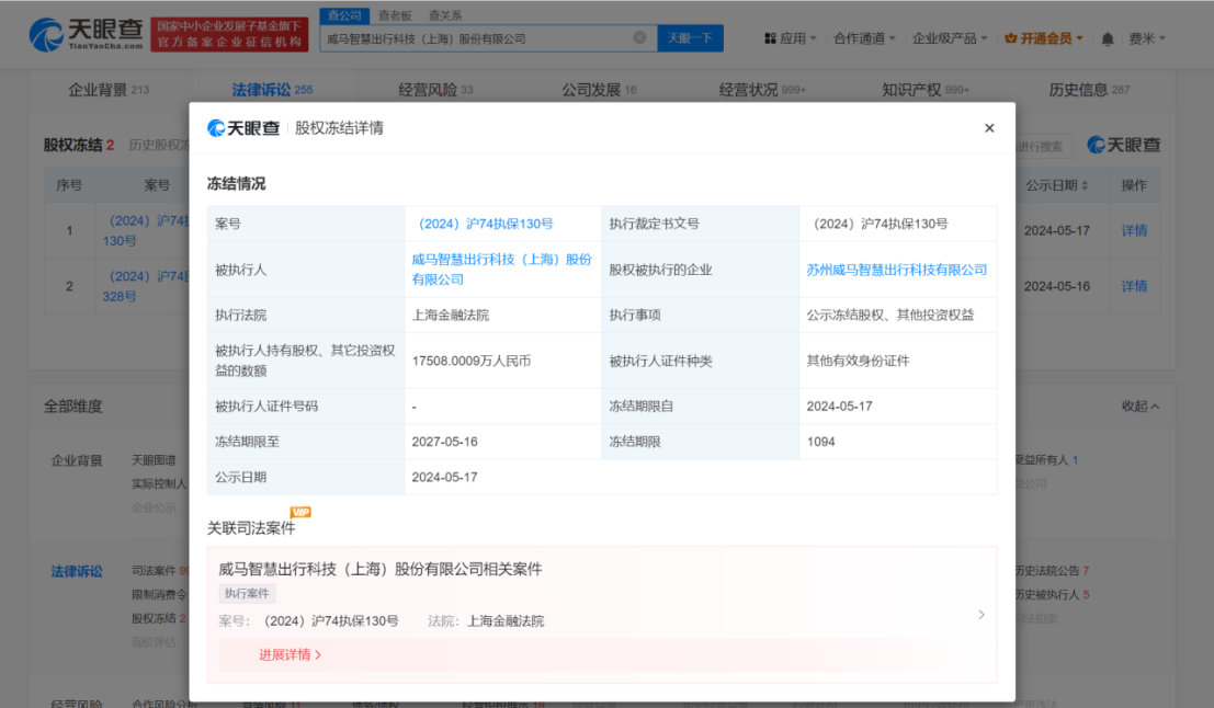 威马汽车苏州公司1.75亿股权被冻结