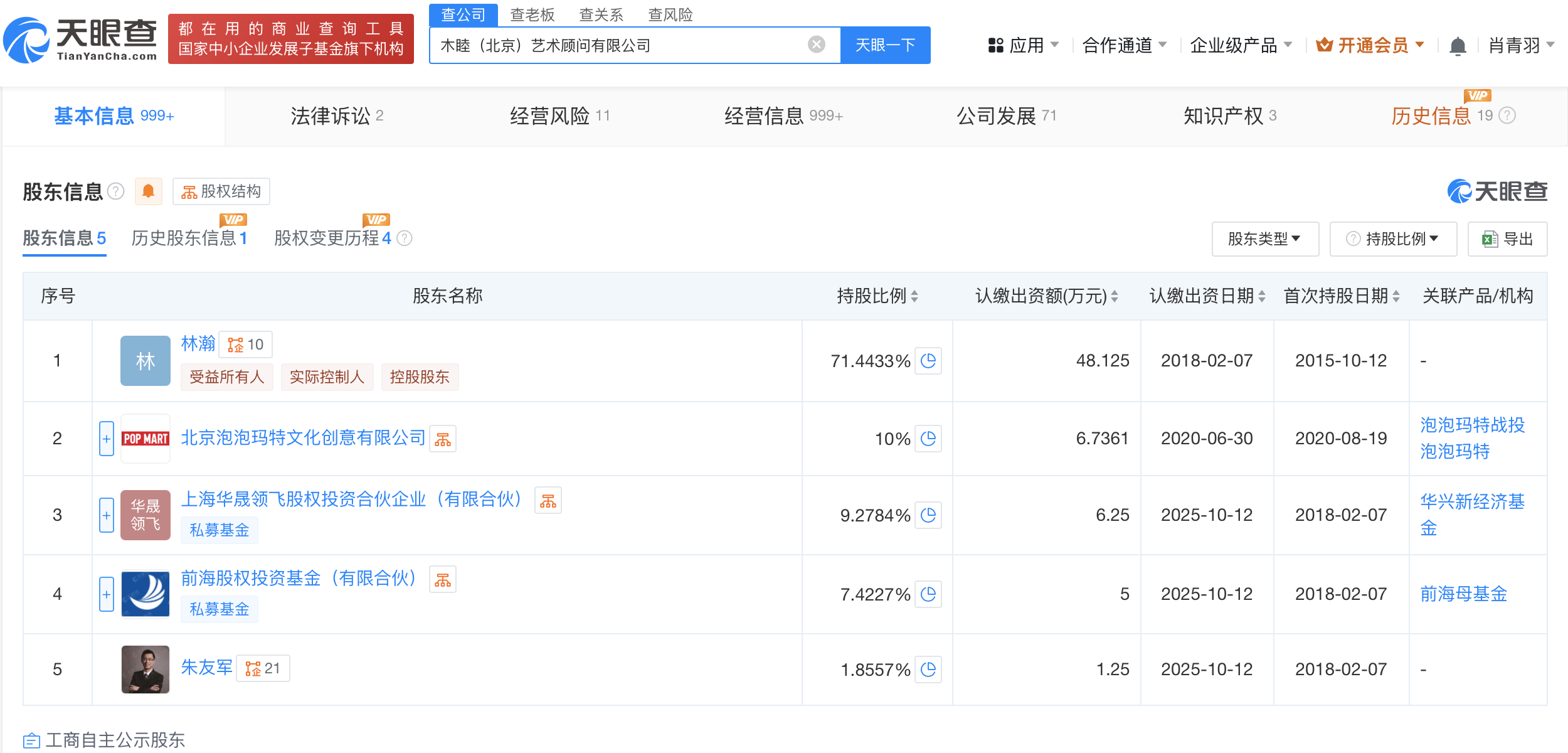 泡泡玛特是晚晚林瀚木木美术馆股东