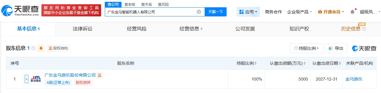 金马游乐成立智能机器人公司
