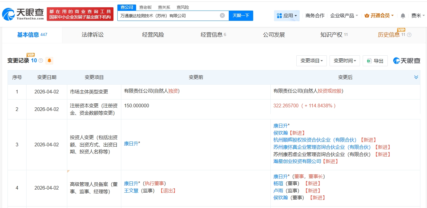 小米旗下瀚星创投等入股万通康达检测技术公司