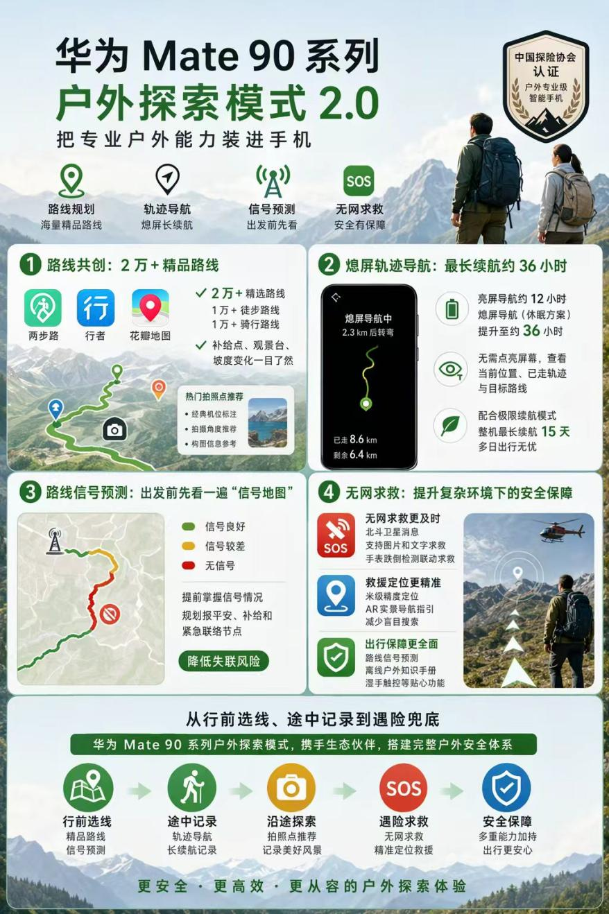华为 Mate 90 系列推出全新户外探索模式，两步路、行者等共建路线规划、熄屏导航新体验