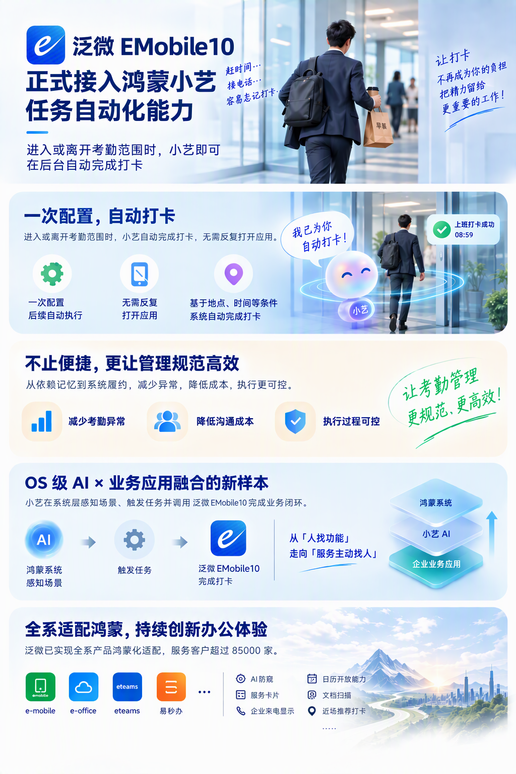 AI从聊天框走向系统层：泛微EMobile10接入鸿蒙小艺，考勤实现自动打卡